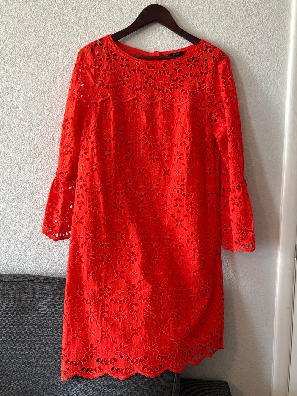 J. Crew Red/Orange Eyelet Lace Long-Sleeve Shift Dress